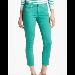 Tory Burch Designer Alexa Cropped Skinny Jeans Pants Green Gold Bottoms sz 31